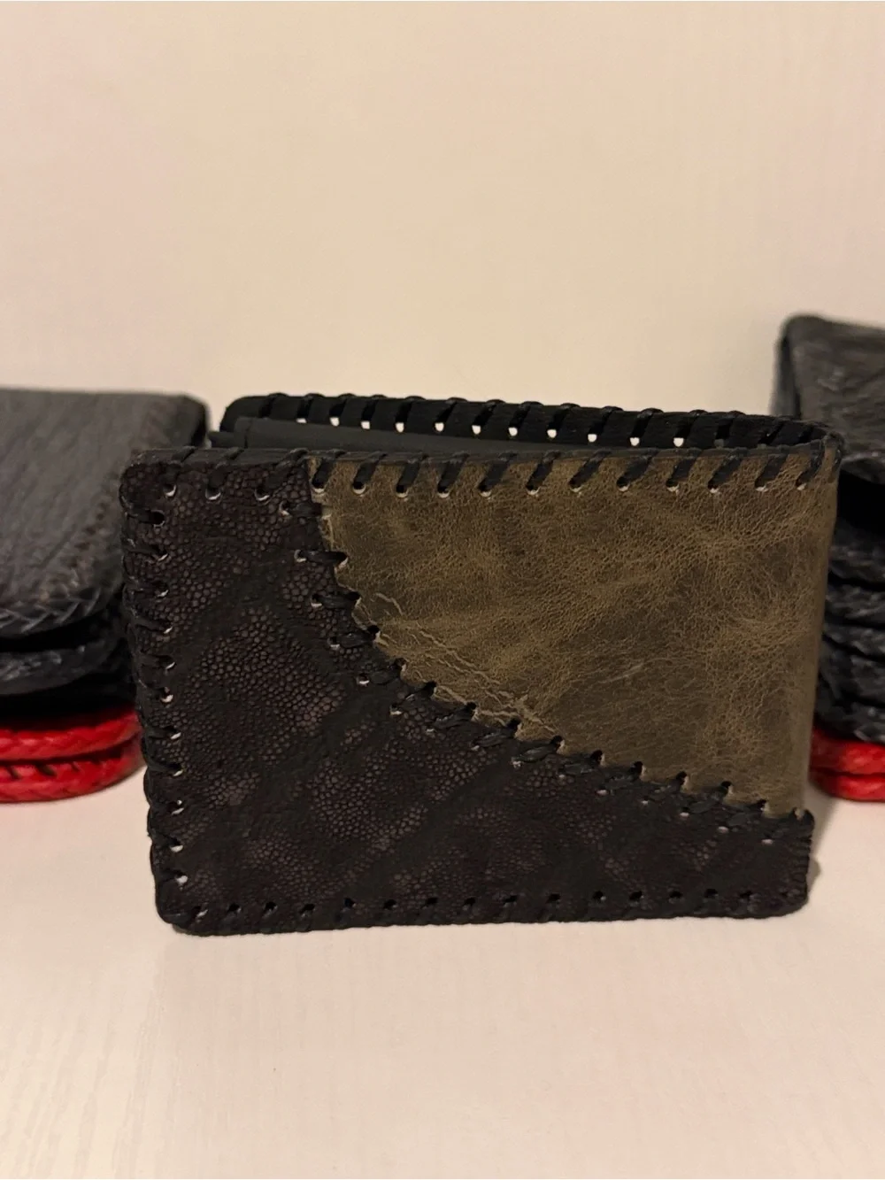 Hand-stitched Two-Tone Leather Card Wallet - Olive Green & Black